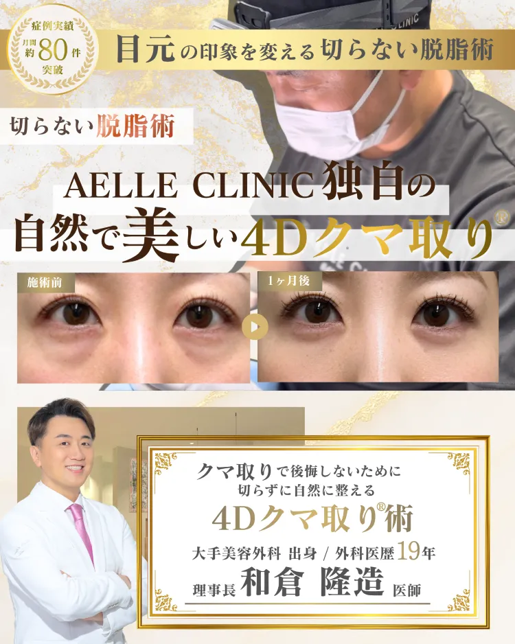 AELLE CLINIC 独自の自然で美しい4Dクマ取り®術 — 目元の印象を変える切らない脱脂術 / 月間症例約80件突破 / 理事長・和倉隆造 医師