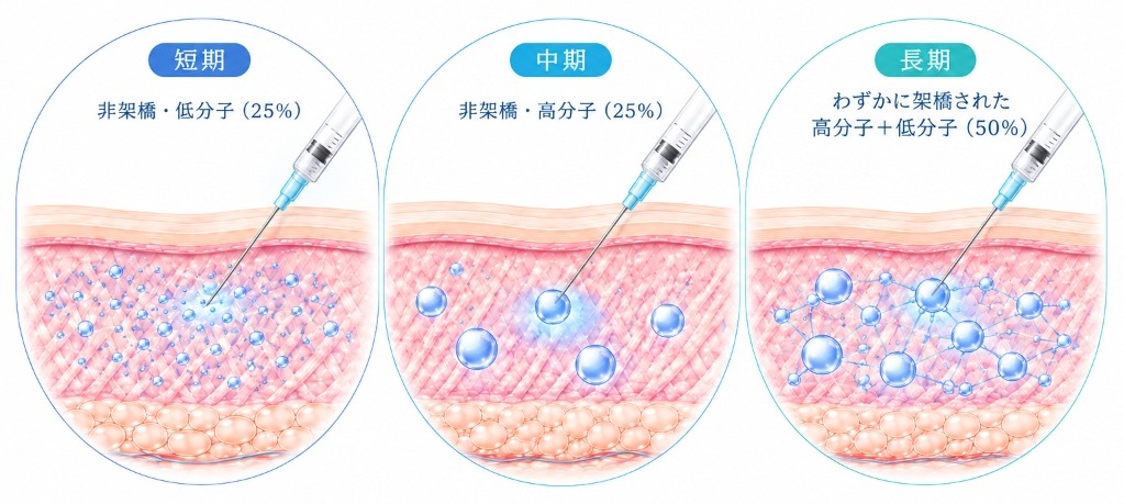 肌育WAVEの仕組み：短期（非架橋・低分子25%）、中期（非架橋・高分子25%）、長期（わずかに架橋された高分子＋低分子50%）