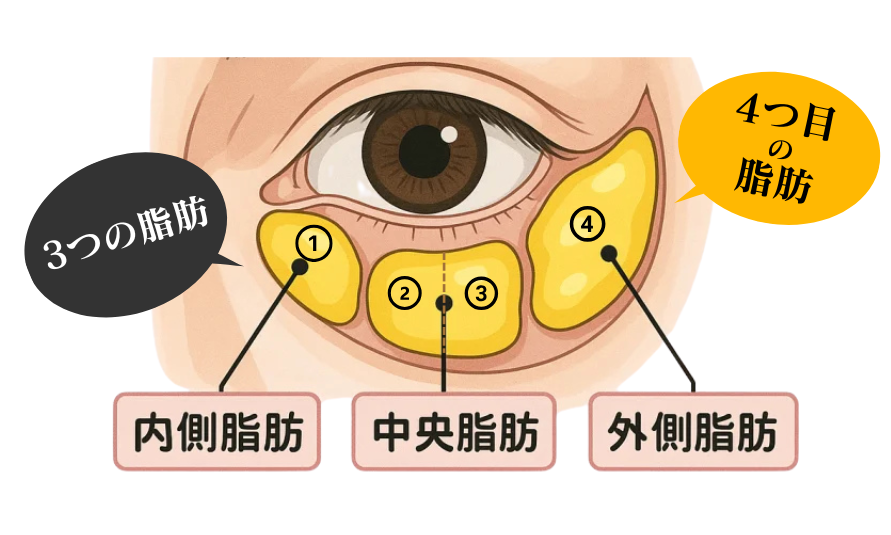 目の下の脂肪構造イラスト — 3つの脂肪(内側・中央)と4つ目の脂肪(外側)