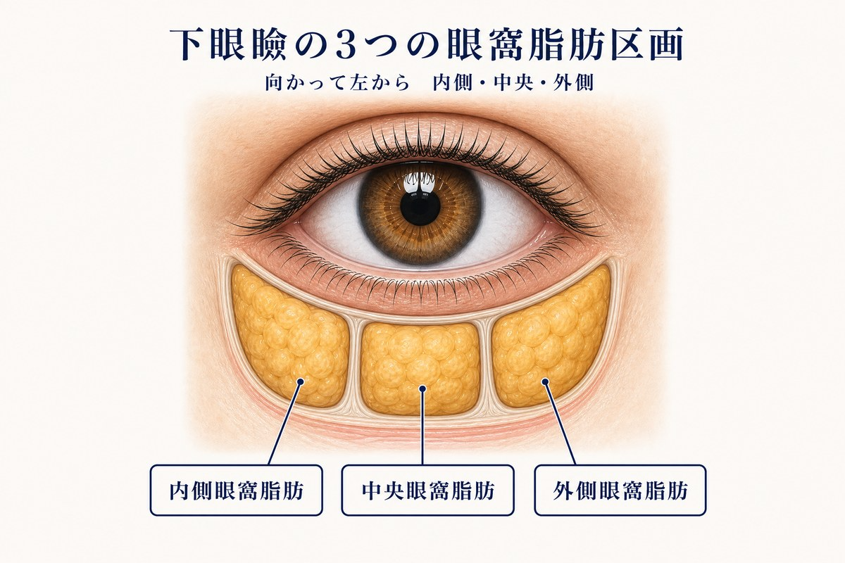 向かって左から内側・中央・外側の下眼瞼3脂肪区画