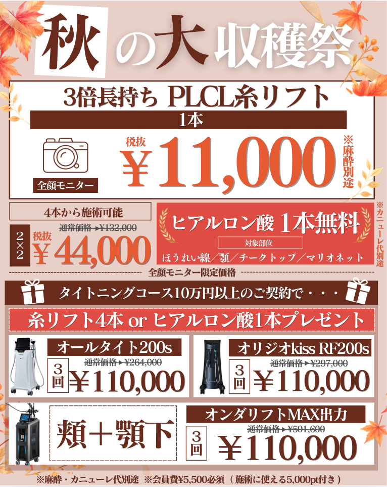 秋の大収穫祭。PLCL糸リフトとタイトニングのキャンペーン料金・特典のご案内。